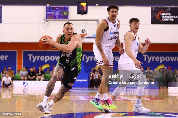 Mitchell Creek of the Phoenix drives at the basket during the round 16 NBL match between South East Melbourne Phoenix and Adelaide 36ers at State...