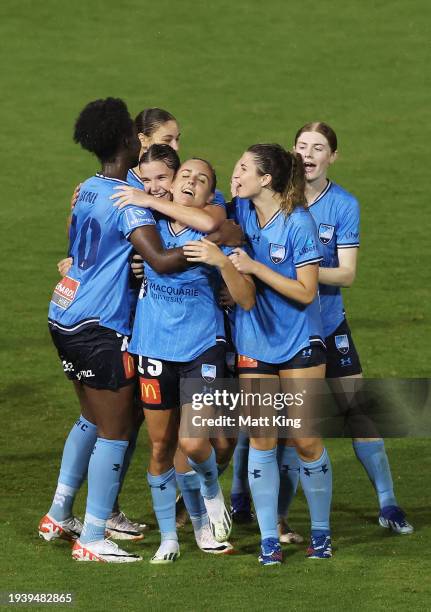 Mackenzie Hawkesby of Sydney FC celebrates with team mates after scoring a goal during the A-League Women round three match between Sydney FC and...