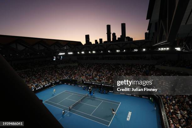 General view of Margaret Court Arena in the round two singles match between Jordan Thompson of Australia and Stefanos Tsitsipas of Greece during the...