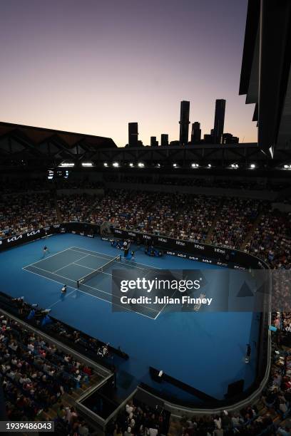 General view of Margaret Court Arena in the round two singles match between Jordan Thompson of Australia and Stefanos Tsitsipas of Greece during the...