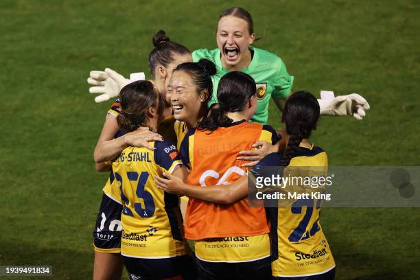 Wurigumula of the Mariners celebrates with team mates after scoring a goal during the A-League Women round three match between Sydney FC and Central...