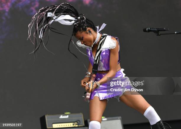 Amy Love of Nova Twins performs on the Other stage during day 5 of Glastonbury Festival 2023 Worthy Farm, Pilton on June 25, 2023 in Glastonbury,...