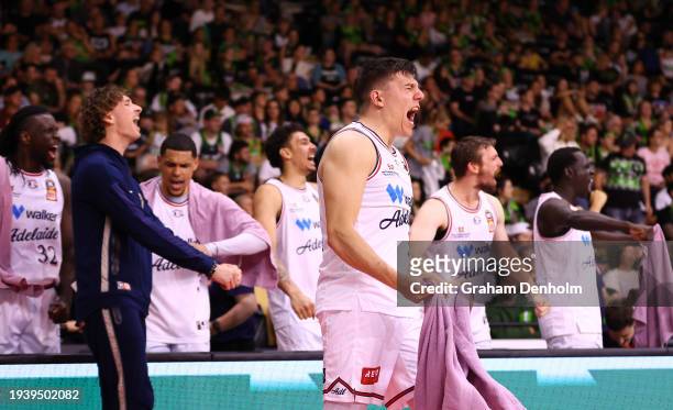 Dejan Vasiljevic and the 36ers bench react during the round 16 NBL match between South East Melbourne Phoenix and Adelaide 36ers at State Basketball...
