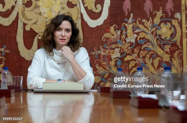 The president of the Community of Madrid, Isabel Diaz Ayuso, chairs the meeting of the Governing Council, at the Alcala de Henares Town Hall, on...