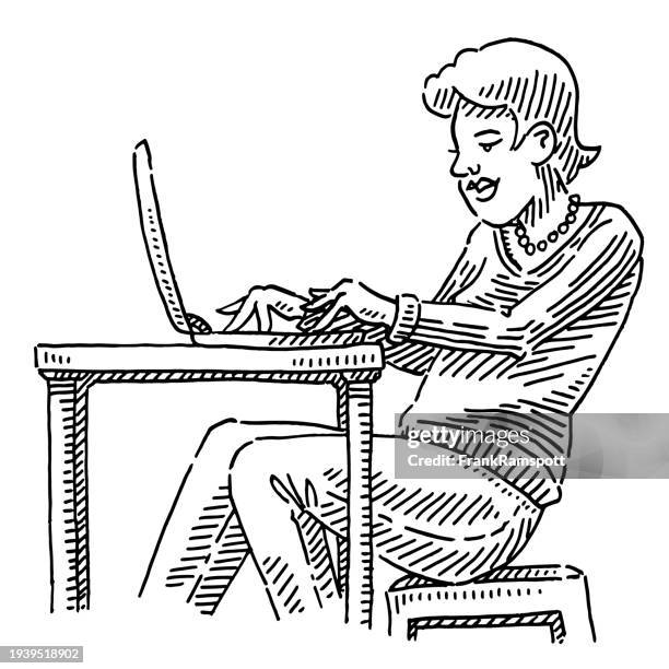 freelancer working on computer drawing - journalist desk stock illustrations