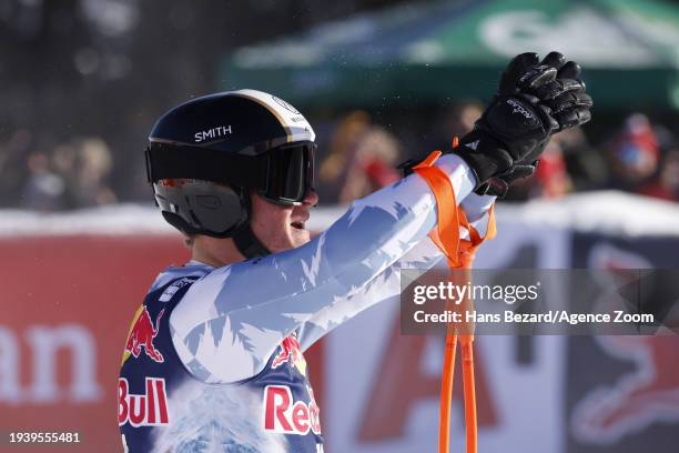 Elian Lehto of Team Finland reacts during the Audi FIS Alpine Ski World Cup Men's Downhill on January 20, 2024 in Kitzbuehel, Austria.