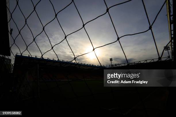 Silhouette of the stadium stands shot through the goal nets ahead of the Sky Bet Championship match between Norwich City and West Bromwich Albion at...