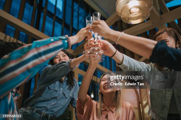 low angle close up cheerful asian chinese friends celebration toasting indoor dining - click below stock pictures, royalty-free photos & images