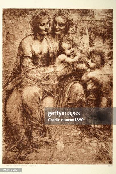 holy family with saint anne, virgin mary, baby jesus, after a drawing by leonardo da vinci, renaissance art - grandmother portrait stock illustrations