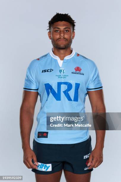 Miles Amatosero poses during a New South Wales Waratahs 2024 Super Rugby Headshots Session on January 16, 2024 in Sydney, Australia.