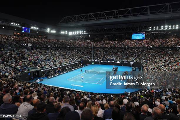 General view on Rod Laver Arena of the contest between Novak Djokovic of Serbia in his round two singles match against Alexei Popyrin of Australia...