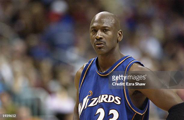 Michael Jordan of the Washington Wizards on the court during the final NBA game of his career, played against the Philadelphia 76ers at First Union...