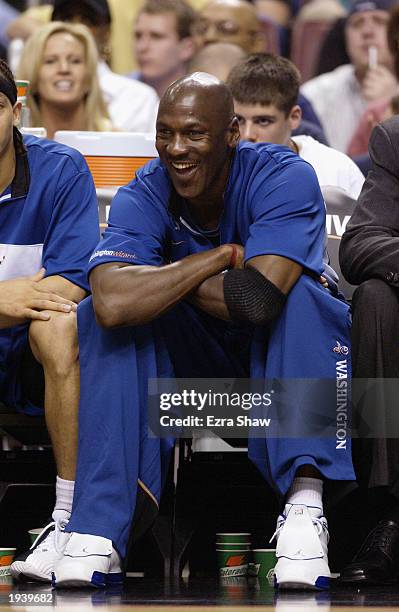 Michael Jordan of the Washington Wizards sits on the bench during the final NBA game of his career, played against the Philadelphia 76ers at First...