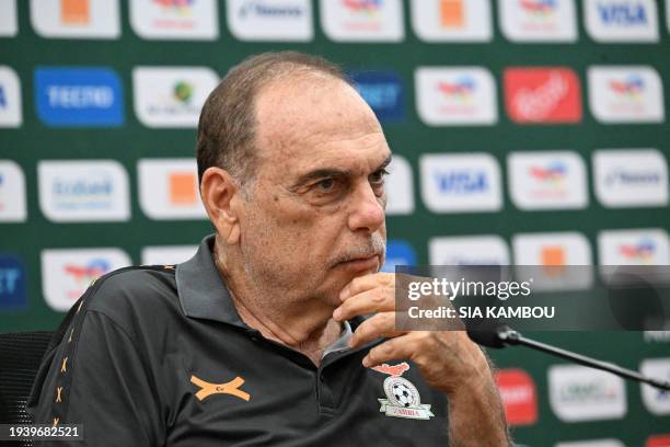 Zambia's Israeli coach Avram Grant looks on during a press conference at the Laurent-Pokou stadium in San-Pedro on January 20, 2024 on the eve of...