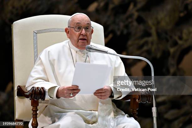 Pope Francis holds his homily during the weekly General Audience at the Paul VI Hall on January 17, 2024 in Vatican City, Vatican. Speaking during...