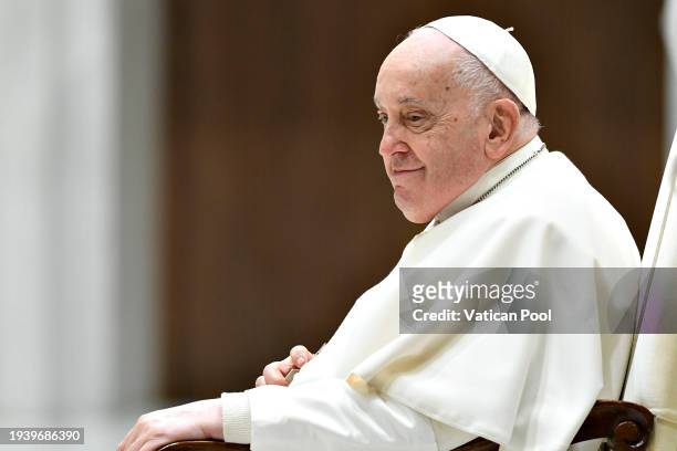 Pope Francis attends his weekly General Audience at the Paul VI Hall on January 17, 2024 in Vatican City, Vatican. Speaking during his weekly General...