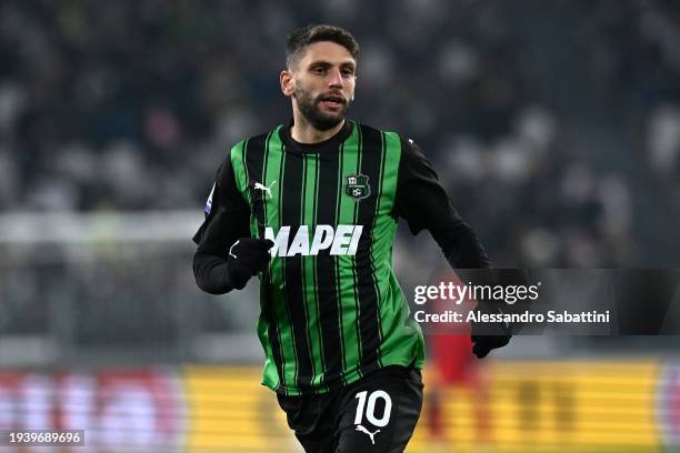 Domenico Berardi of US Sassuolo looks on during the Serie A TIM match between Juventus and US Sassuolo - Serie A TIM at on January 16, 2024 in Turin,...