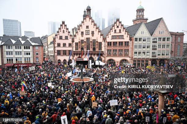 Oberall view shows the crowded central Roemer Square during a demonstration against racism and far right politics in Frankfurt am Main, western...