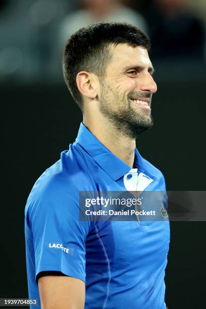 Novak Djokovic of Serbia reacts in their round two singles match against Alexei Popyrin of Australia during the 2024 Australian Open at Melbourne...