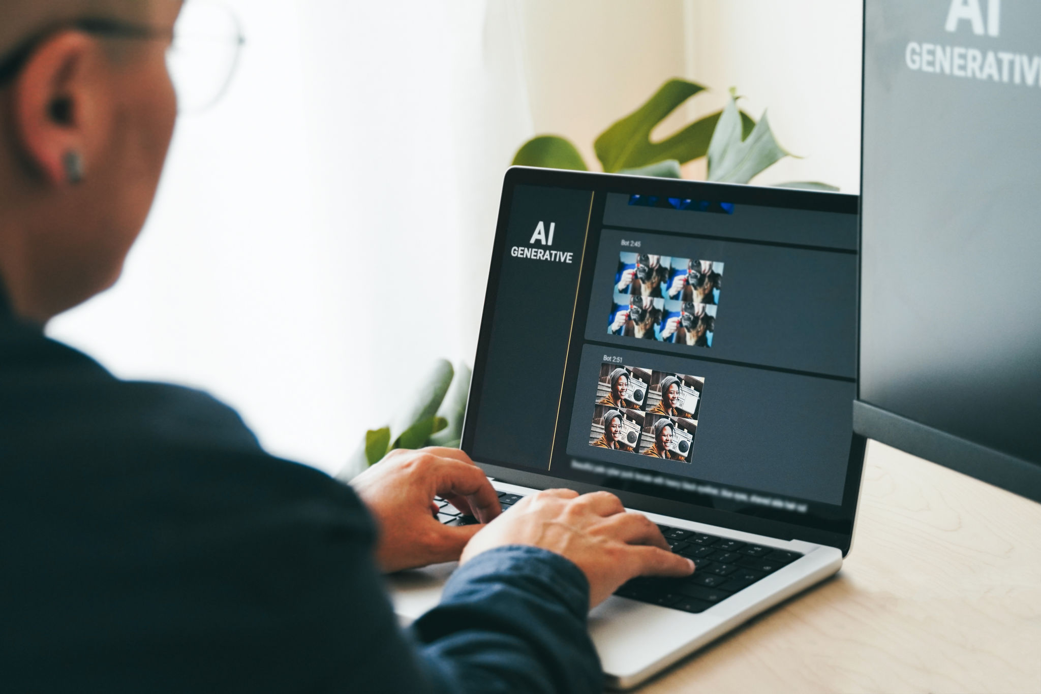 AI image generator app. Person creating photo art with Artificial Intelligence software in computer laptop. Technology trends AI image generator app. Person creating photo art with Artificial Intelligence software in computer laptop. Technology trends