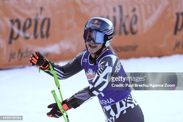 Alice Robinson of Team New Zealand takes 3rd place during the Audi FIS Alpine Ski World Cup Women's Giant Slalom on January 20, 2024 in Jasna...