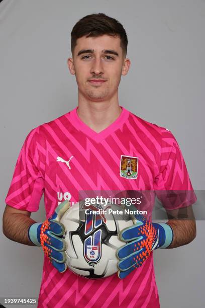 Northampton Town new signing Louie Moulden poses during a photo call at Sixfields on January 16, 2024 in Northampton, England.