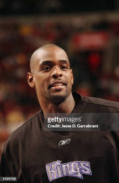 Chris Webber of the Sacramento Kings looks on during warm-ups prior to the NBA game against the Philadelphia 76ers at First Union Center on April 6,...