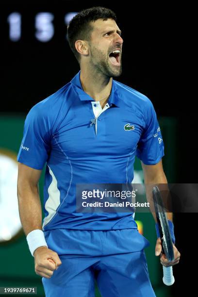 Novak Djokovic of Serbia celebrates match point in their round two singles match against Alexei Popyrin of Australia during the 2024 Australian Open...