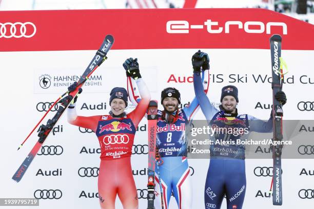 Marco Odermatt of Team Switzerland takes 2nd place, Cyprien Sarrazin of Team France takes 1st place, Dominik Paris of Team Italy takes 3rd place...