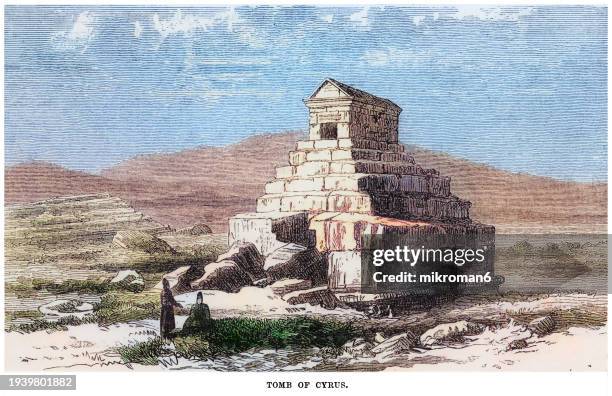 old engraved illustration of the tomb of cyrus, the final resting place of cyrus the great, the founder of the ancient achaemenid empire (mausoleum is located in pasargadae, an archaeological site in the fars province of iran) - king royal person stock pictures, royalty-free photos & images