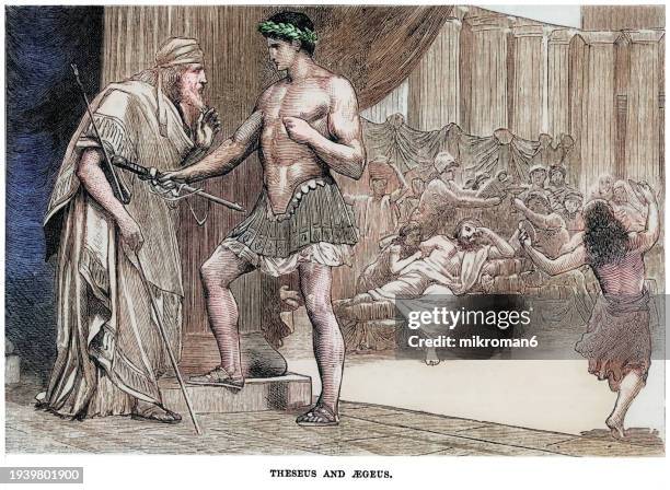 old engraved illustration of theseus (mythical king and founder-hero of athens) and aegeus (archaic figure in the founding myth of athen, the "goat-man" was the father of theseus) - ancient rome food stock pictures, royalty-free photos & images