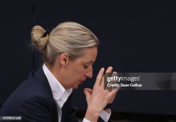 Alice Weidel, co-leader of the far-right Alternative for Germany political party, attends a session at the Bundestag on January 17, 2024 in Berlin,...