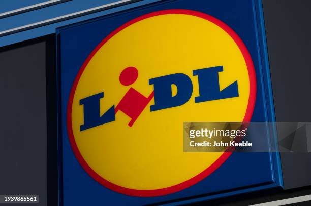 General view of a Lidl supermarket logo at Mayflower Retail Park on January 15, 2024 in Basildon, United Kingdom.