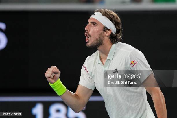 Stefanos Tsitsipas of Greece reacts in the Men's Singles Second Round match against Jordan Thompson of Australia during day four of the 2024...
