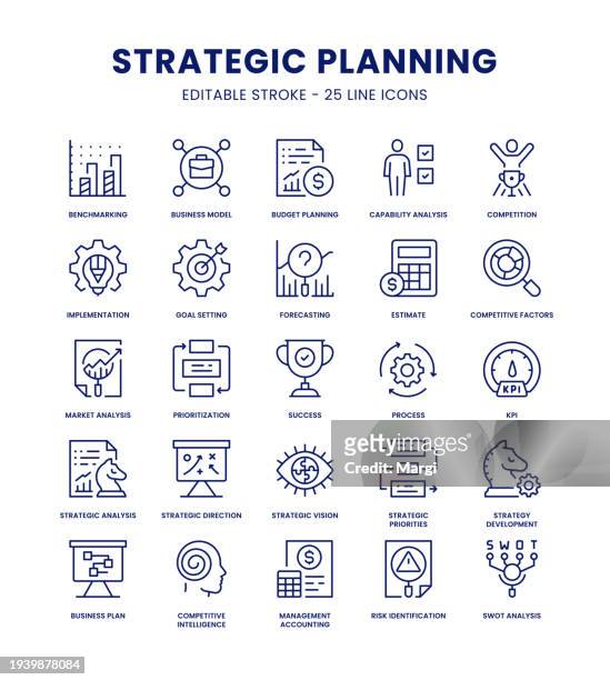ilustraciones, imágenes clip art, dibujos animados e iconos de stock de conjunto de iconos de planificación estratégica - business model strategy