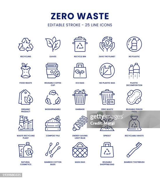 zero waste icon set - biodegradable plastic stock illustrations