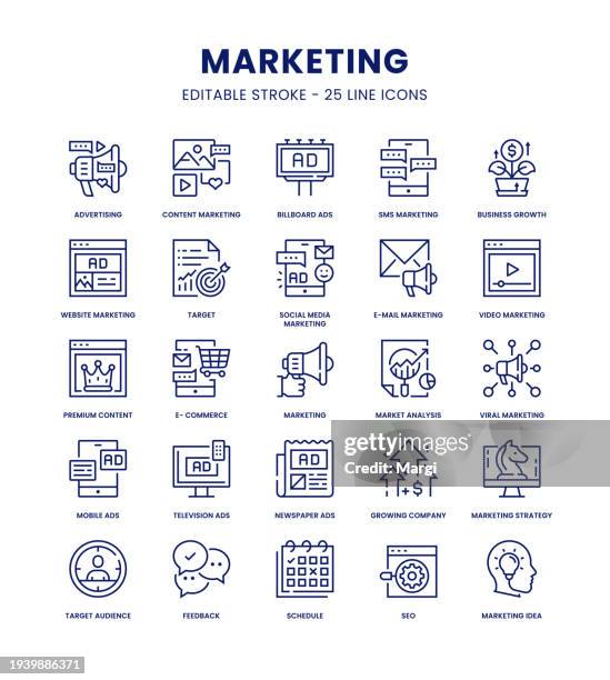 illustrazioni stock, clip art, cartoni animati e icone di tendenza di set di icone di marketing - social media marketing