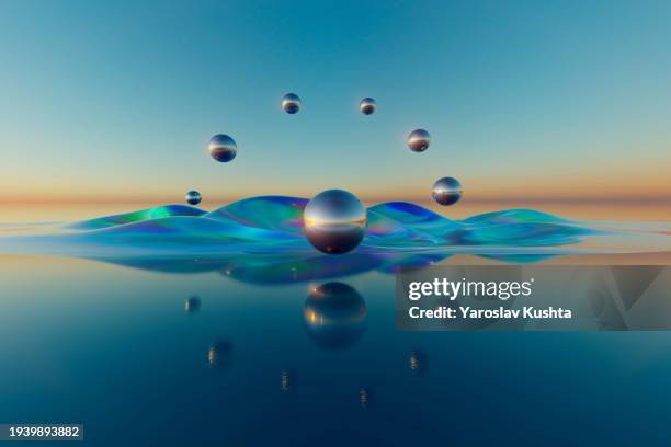 glass mirror spheres monolith 3d cgi landscape sunset - modern art stock pictures, royalty-free photos & images