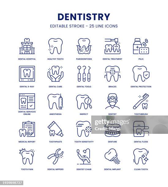 ilustraciones, imágenes clip art, dibujos animados e iconos de stock de conjunto de iconos de odontología - instrumento-de-dentista