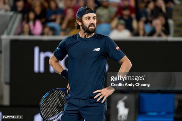 Jordan Thompson of Australia looks dejected in their round two singles match against Stefanos Tsitsipas of Greece during day four of the 2024...