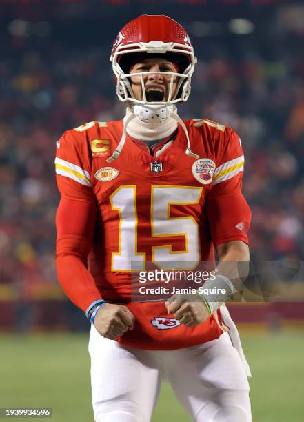 Quarterback Patrick Mahomes pumps up the crowd prior to the start of the AFC Wild Card Playoff game against the Miami Dolphins at GEHA Field at...