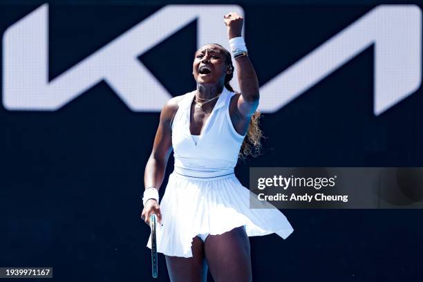 Alycia Parks of the United States celebrates match point in their round two singles match against Leylah Fernandez of Canada during the 2024...