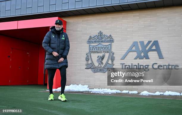 Jurgen Klopp manager of Liverpool during a training session at AXA Training Centre on January 17, 2024 in Kirkby, England.