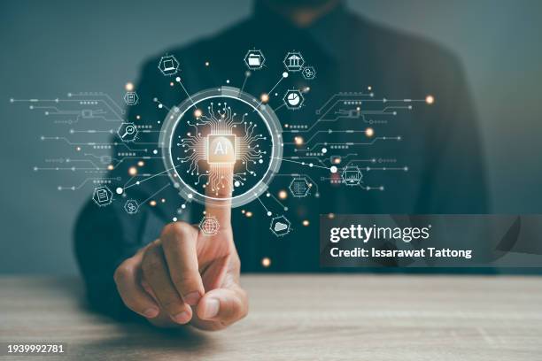 ai technology, artificial intelligence. man using technology smart robot ai, artificial intelligence by enter command prompt for generates something, futuristic technology transformation. chat with ai - artificial intelligence stock pictures, royalty-free photos & images