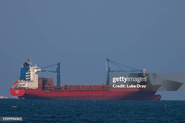 The container ship, A Daisen, with the destination 'DJJIB ARMED GUARD' seen at sea on January 17, 2024 in Djibouti, Djibouti. Attacks on commercial...