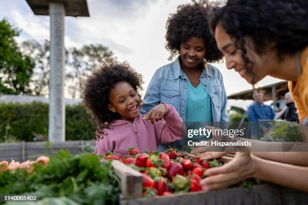 happy girl shopping at the farmer's market with her mother - country market stockfoto's en -beelden