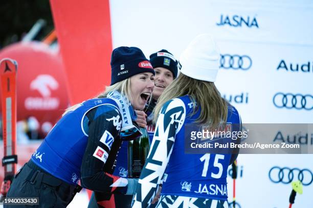Sara Hector of Team Sweden takes 1st place, Mikaela Shiffrin of Team United States takes 2nd place, Alice Robinson of Team New Zealand takes 3rd...