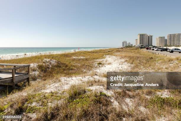 view over the dune to the sea and the beach of henderson beach state park, condo and apartment buildings in the background, destin, florida, usa - florida v florida state stock pictures, royalty-free photos & images