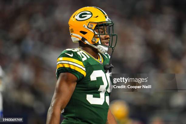 Corey Ballentine of the Green Bay Packers looks on from the field during an NFL wild-card playoff football game against the Dallas Cowboys at AT&T...