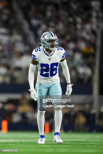 DaRon Bland of the Dallas Cowboys lines up during an NFL wild-card playoff football game against the Green Bay Packers at AT&T Stadium on January 14,...